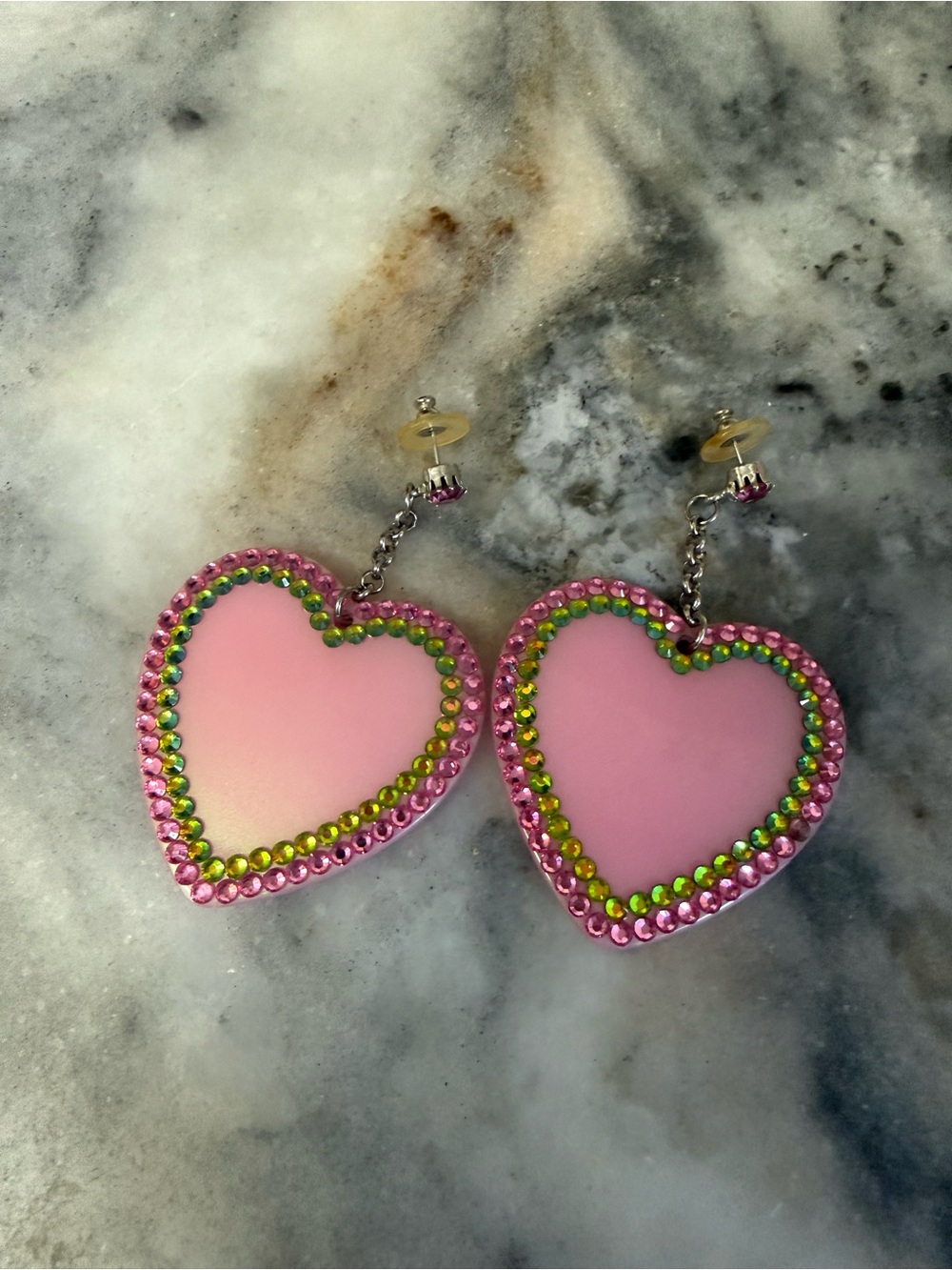 Tarina Tarantino Barbie Special Pink Heart Earrings with Green Rhinestone Accent